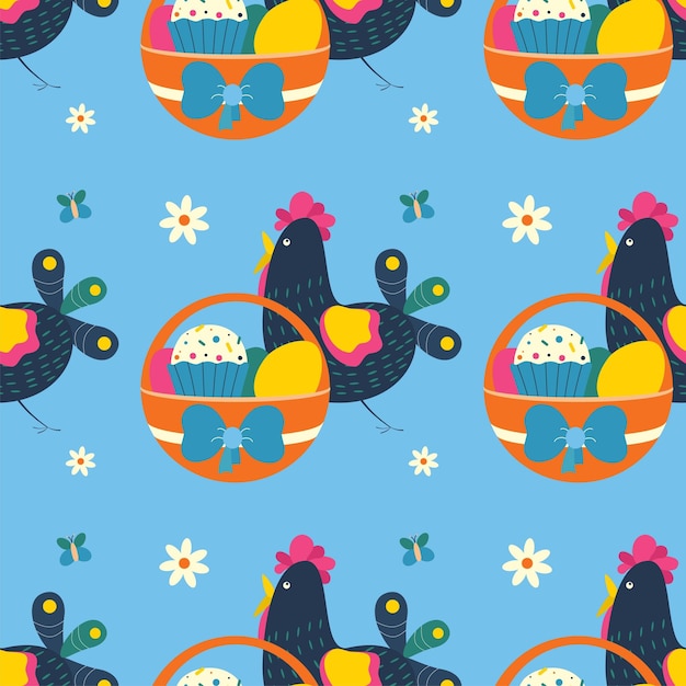 Easter pattern with basket with colored eggs Easter cupcake chicken flowers butterflies