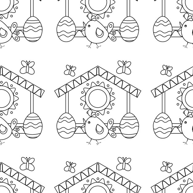 Easter pattern with eggs chicken bird house butterflies