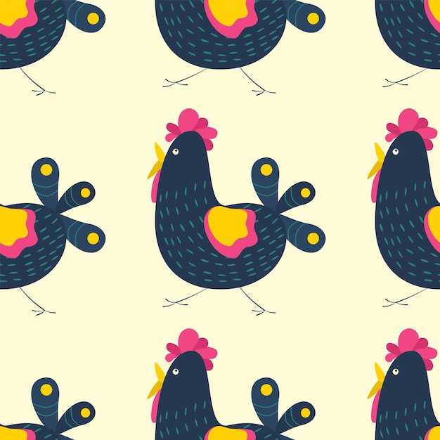 Easter pattern with funny chicken bird with ornament