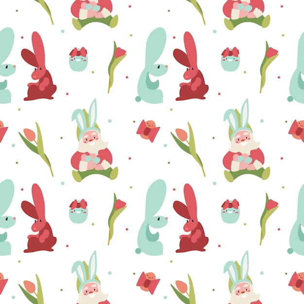 Easter pattern with gnome in bunny ears, easter eggs, flowers and colored dots on white background