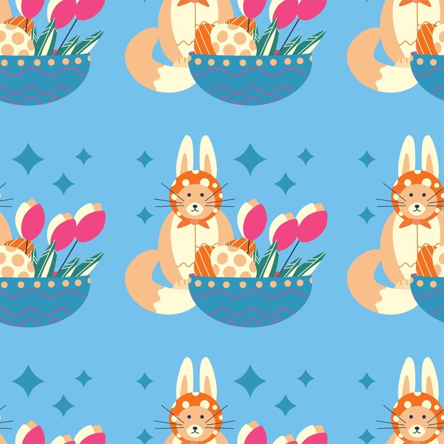 Easter pattern with a plate with eggs and a cat with rabbit ears and flowers tulips