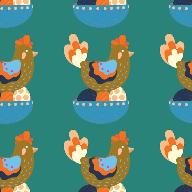 easter pattern with a plate with eggs and a chicken sitting on eggs