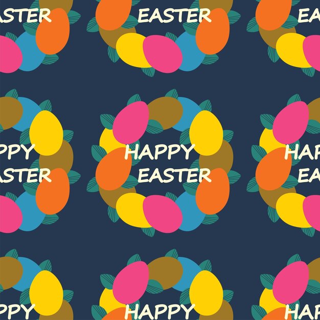 Easter pattern with text Happy Easter wreath of colored eggs and leaves