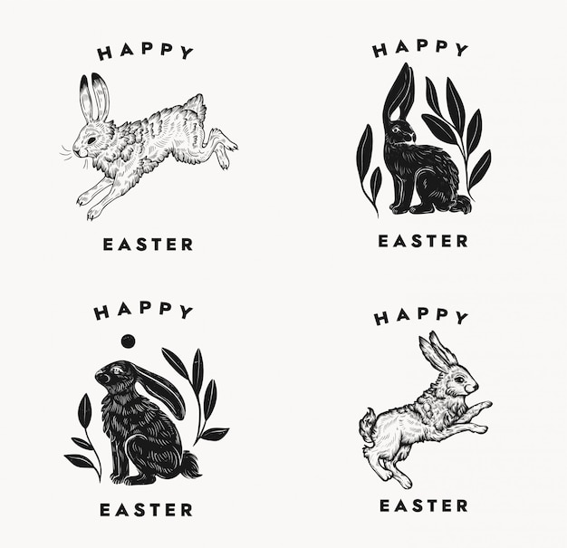 Easter postcards with bunny typographical composition on a white background. easter rabbit logo. isolated black and white hand dawn illustration of hare in a vintage style.