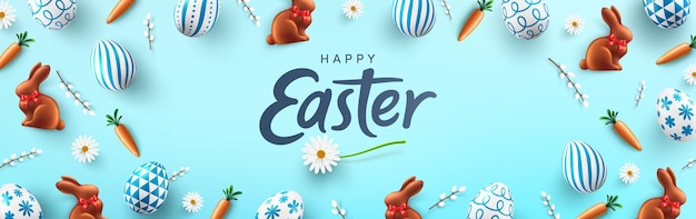 Пасхальный плакат и шаблон баннера с пасхальными яйцами и шоколадным кроликом