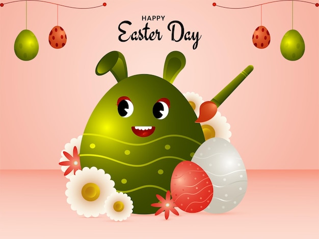 Vector easter poster and banner template with cute little easter eggs and painting brush celebration background