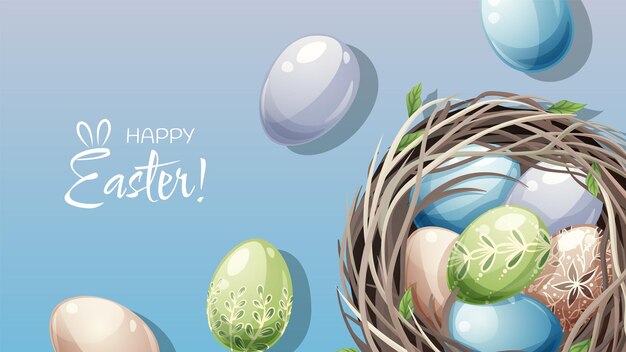 Easter poster and banner template with easter eggs in a nest on a blue background spring