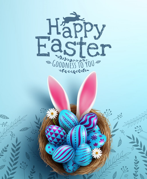 Vector easter poster and banner template with easter eggs in the nest