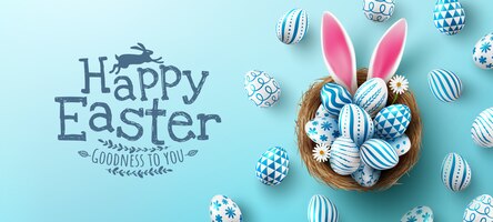 Easter poster and banner template with easter eggs in the nest