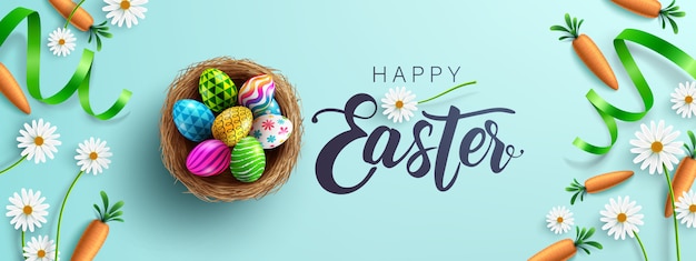 Easter poster and banner template with fower, carrots and easter eggs in the nest