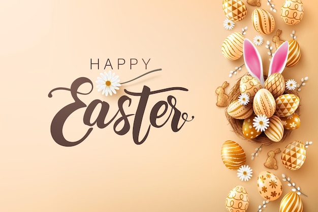 Easter poster and banner template with golden easter eggs in the nestcute bunny ears