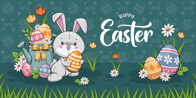 Easter poster and banner with cute bunny rabbit, eggs, tulips, and watering can pot.