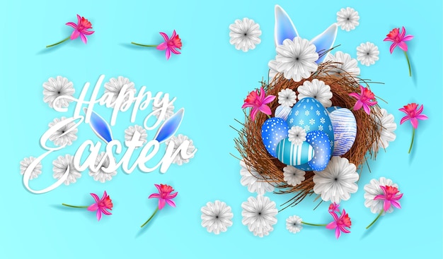 Easter poster and banner with easter egg and rabbit earn with flower in the nest in blue background premium vector