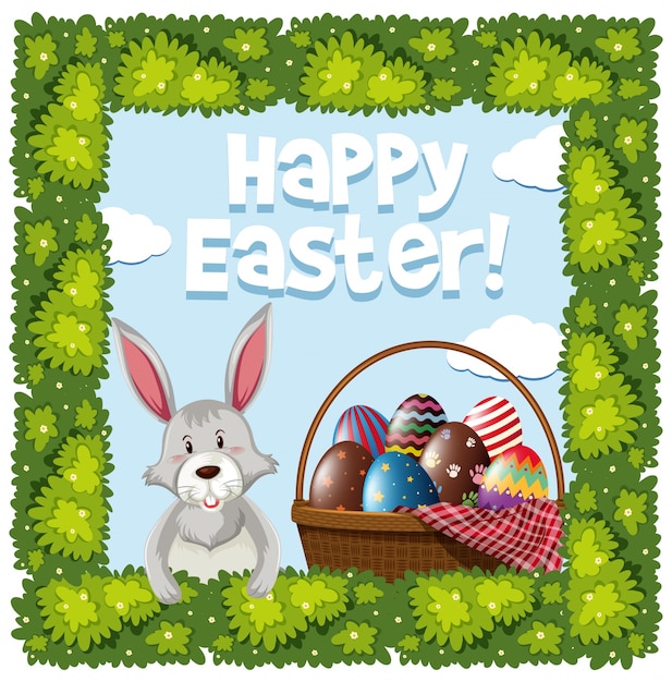 Easter poster design with rabbit and eggs in basket