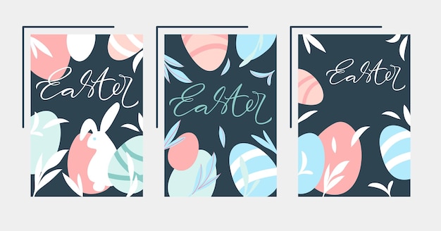 Easter poster set with eggs leaves  and rabbit Happy Easter designs with lettering Pastel colors