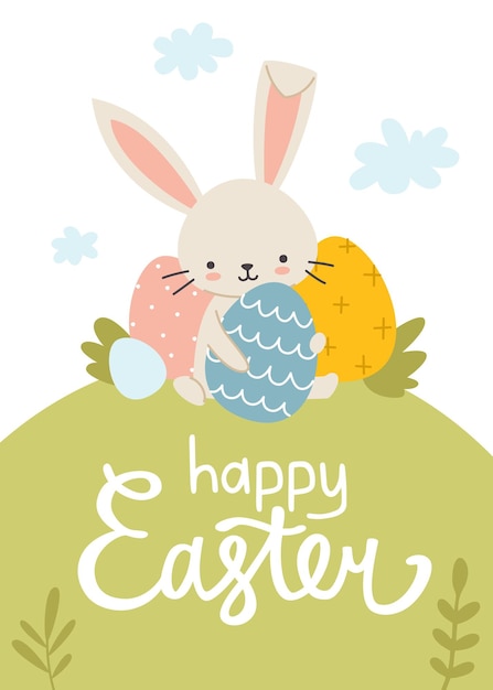 Пасхальный плакат с кроликом и крашеными яйцами на лужайке Счастливой пасхи каллиграфические надписи