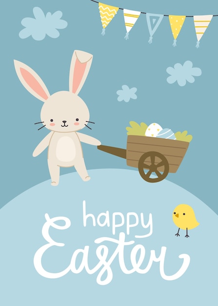 easter poster with cartoon rabbit holding wheelbarrow with painted eggs greeting card with cute bunny and calligraphy lettering
