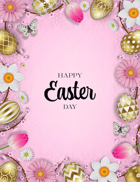 easter poster with flowers and gold eggs