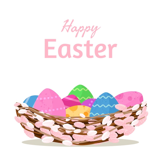 Easter pussy willow nest with colorful eggs Happy Easter poster Flat vector illustration