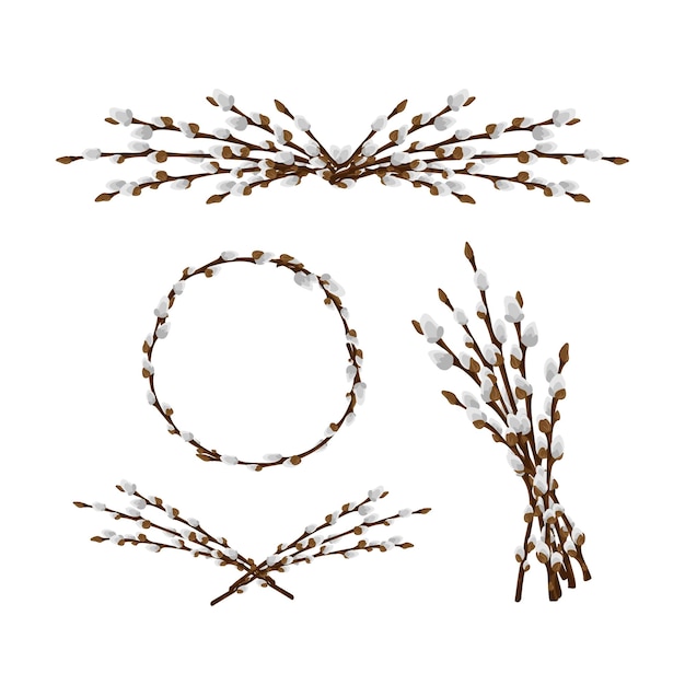 Vector easter pussy willow wreath and vignettes set spring branches collection easter decorations