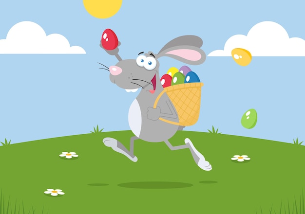 Easter Rabbit Cartoon Character Running With A Basket And Egg