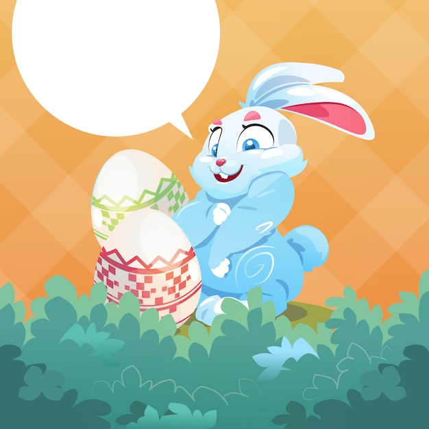 Vettore la tenuta del coniglio di pasqua ha decorato la cartolina d'auguri variopinta di simboli di festa dell'uovo