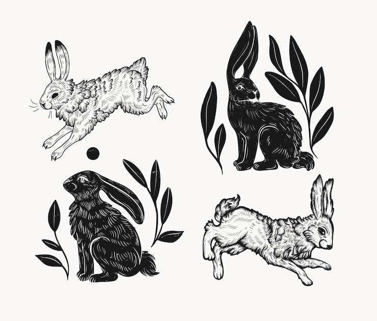 Vector easter rabbit isolated in linocut style. vintage stamp design of a bunny for print. use for your creative graphic design projects, lithographs, postcards, invitations, tattoos.
