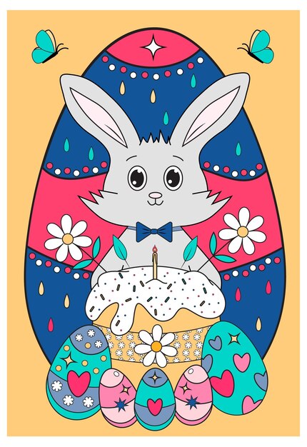 Vector easter rabbit with easter decorated eggs and easter cake postcard