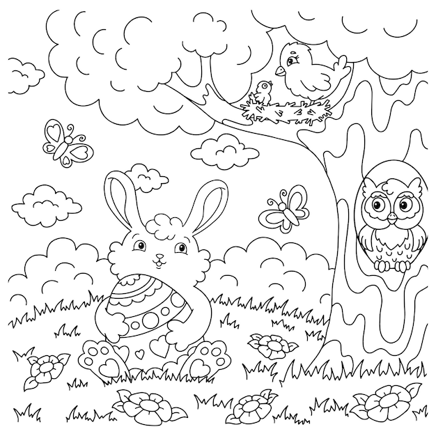 Easter rabbit with egg coloring book page for kids