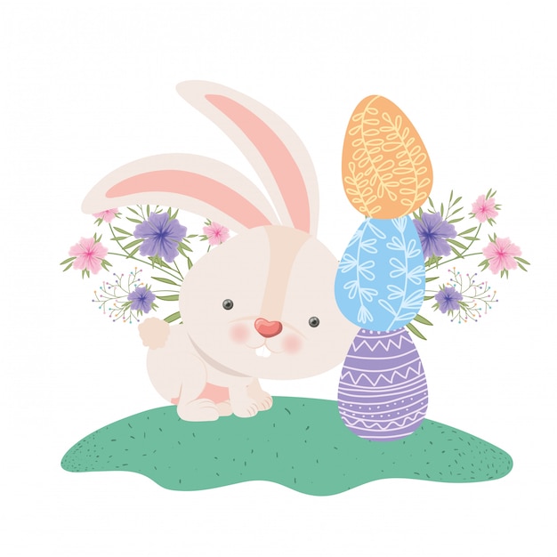 Easter rabbit with eggs and flowers icon