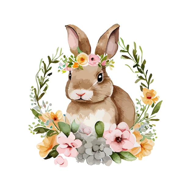 春の花と葉の花輪とイースターのウサギ水彩かわいいヴィンテージのウサギが白い背景ベクトル図に分離