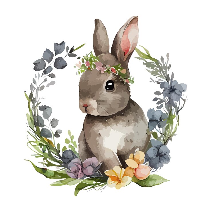 Easter rabbit with spring flowers and leaves wreath watercolor Cute vintage bunny isolated on white background Vector illustration