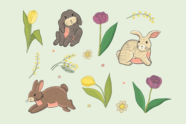 Coniglio di pasqua con fiori primaverili set di illustrazioni vettoriali