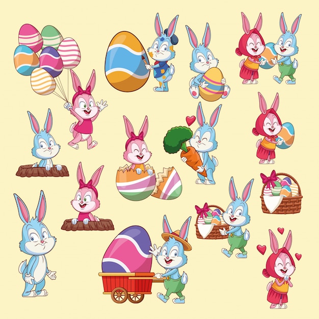 Easter rabbits and eggs cartoons