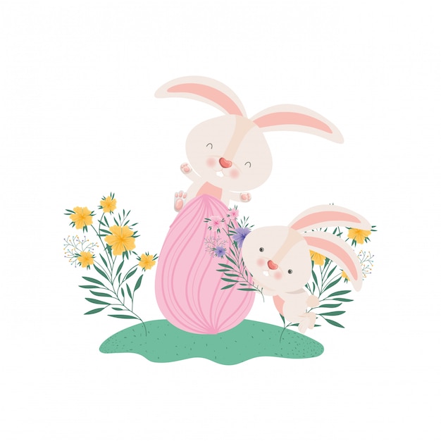 Easter rabbits with egg and flowers icon