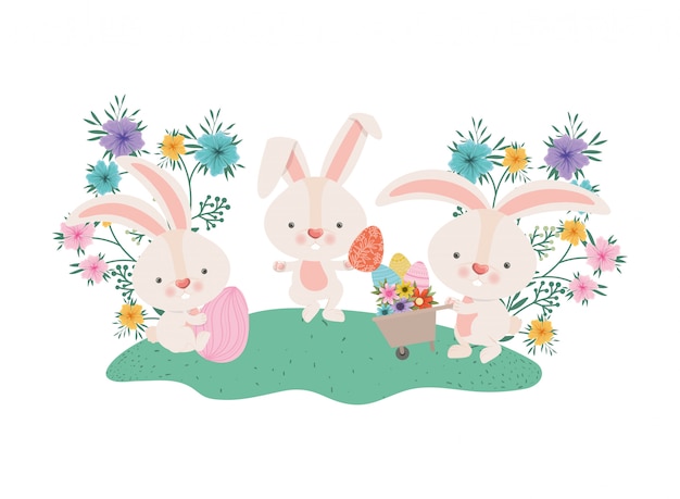 Easter rabbits with eggs and flowers icon