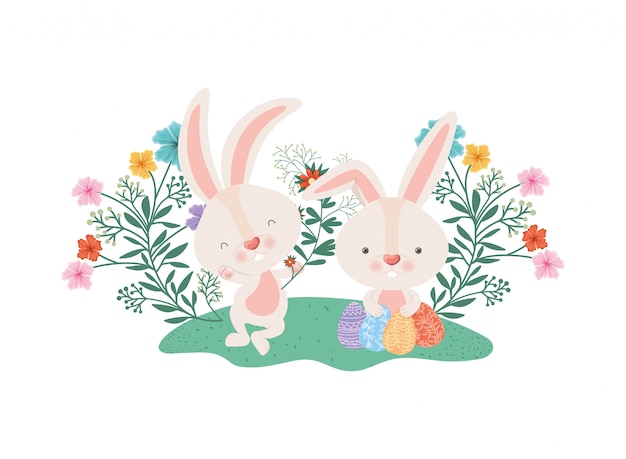 Easter rabbits with eggs and flowers icon