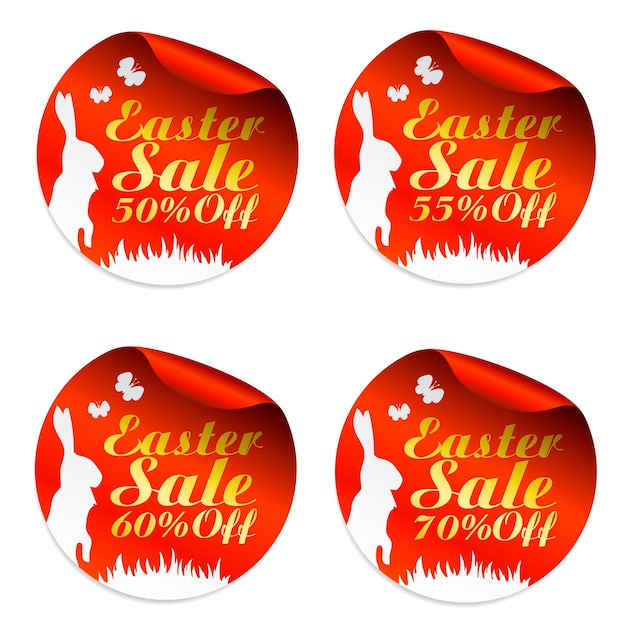 Easter red sale stickers set 50 55 60 70 off with rabbit Vector illustration