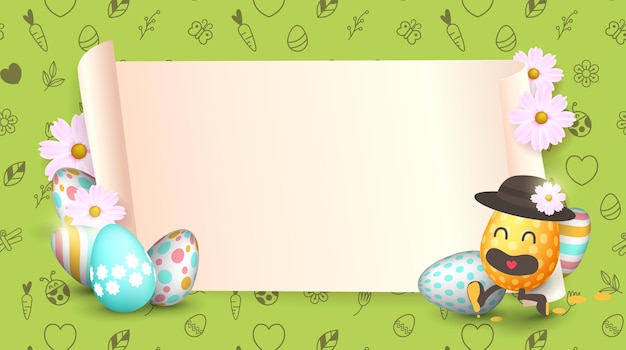 Easter sale banner background template with beautiful colorful spring flowers and  cartoon easter eggs running.