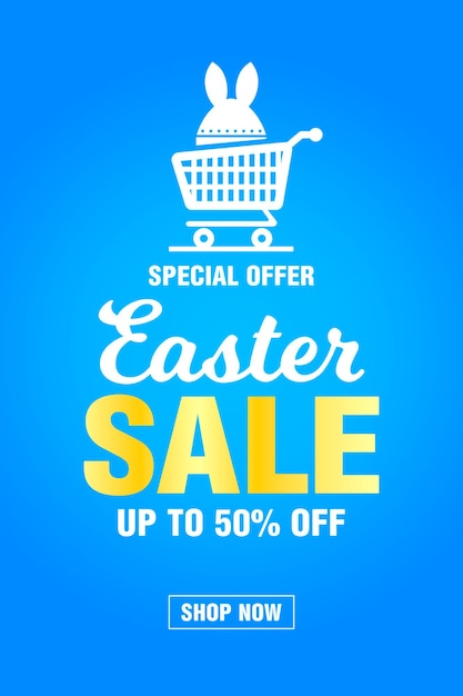 Easter sale banner design with 50 off discount on a blue background