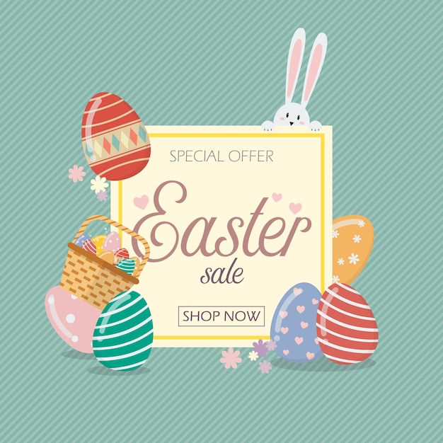 Vector easter sale banner template with bunny rabbit and eggs