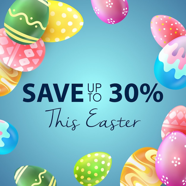 Bandiera di vendita di pasqua con belle uova colorate su sfondo blu. risparmia fino al 30%