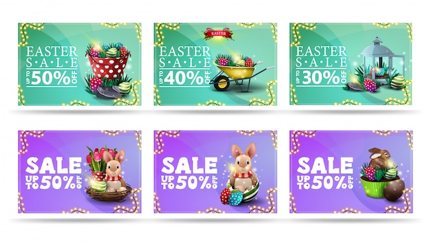 Easter sale, collection discount banners in cartoon style with Easter icons, liquid shapes on background and frame of garland