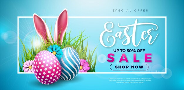 Easter Sale Illustration with Color Painted Egg Spring Flower and Rabbit Ears on Blue Background