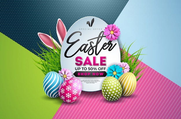 Easter Sale Illustration with Painted Egg and Flower