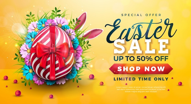 Easter Sale Illustration with Painted Egg Red Bow and Spring Flower on Shiny Yellow Background