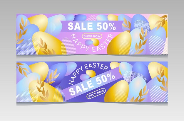 Modelli di banner promozionali di vendita di pasqua con uova dorate e viola