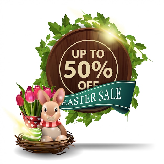 Easter sale, round wooden sign with liana