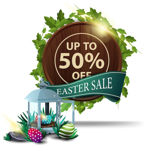 Easter sale, round wooden sign with liana