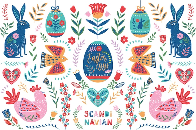 Vector easter scandinavian folk art collection set